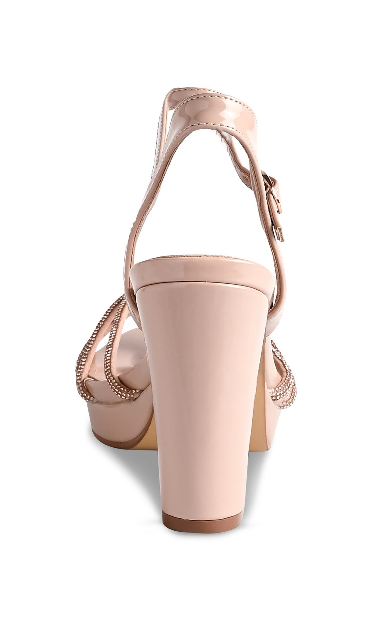 Rear view of the Tyler Nude Prom Shoes: Touch Ups 4758, showcasing a block heel, ankle strap, and crystal-embellished details for extra sparkle.